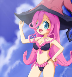 Rule 34 | 1girl, bikini, blue sky, blush, breasts, cameltoe, cleavage, cloud, frilled bikini, frills, hat, highres, long hair, open mouth, pamela, pamela (yggdra union), pink hair, sky, smile, solo, swimsuit, witch hat, yggdra union