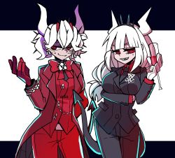 Rule 34 | 2girls, alcohol, arm behind back, arm under breasts, beelzebub (helltaker), black jacket, black neckwear, black pants, black tail, bow, breasts, business suit, closed mouth, collared shirt, cup, demon girl, demon horns, demon tail, drinking glass, fangs, formal, freckles, gloves, hair ornament, helltaker, horns, iyuki (memeko), jacket, large breasts, long hair, looking to the side, lucifer (helltaker), medium hair, mole, mole under eye, monster girl, multiple girls, necktie, neckwear request, open mouth, pants, red bow, red eyes, red gloves, red jacket, red neckwear, red pants, red shirt, red tail, ringed eyes, sharp teeth, shirt, short hair, simple background, suit, tail, teeth, waistcoat, white gloves, white hair, white horns, wine, wine glass