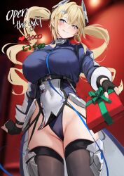 Rule 34 | 1girl, absurdres, azur lane, black gloves, blonde hair, blue leotard, box, breasts, cameltoe, character name, chela77, clothes writing, commentary, covered navel, english commentary, english text, fingerless gloves, foreshortening, gift, gift box, gloves, guam (azur lane), hair between eyes, hair ornament, hairclip, headgear, heart, highleg, highleg leotard, highres, holding, holding gift, large breasts, leotard, licking lips, like and retweet, long hair, long sleeves, looking at viewer, meme, multicolored eyes, official art, partially visible vulva, solo, star-shaped pupils, star (symbol), symbol-shaped pupils, thighhighs, thighs, tongue, tongue out, twintails, twitter strip game (meme)