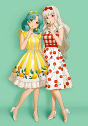 Rule 34 | 2girls, :o, aqua hair, arm at side, bare arms, belt, bow, bow hairband, breasts, brown eyes, buttons, cherry earrings, cherry print, choker, collarbone, commentary request, curly hair, dress, earrings, finger to mouth, fingernails, food-themed earrings, food print, food themed earrings, frilled dress, frilled sleeves, frills, full body, green background, hair bow, hairband, hand up, head tilt, high heels, highres, idolmaster, idolmaster (classic), idolmaster million live!, index finger raised, jewelry, lemon earrings, lemon print, long hair, looking at viewer, medium breasts, medium hair, mimizubare, multiple girls, nail polish, parted bangs, parted lips, pink eyes, print dress, pumps, red bow, red dress, red hairband, red nails, shadow, shijou takane, shoes, sidelocks, silver hair, simple background, sleeveless, sleeveless dress, smile, standing, striped clothes, striped dress, tokugawa matsuri, wavy hair, white dress, white footwear, yellow bow, yellow choker, yellow dress, yellow nails