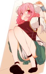 Rule 34 | 1girl, aoi (annbi), bandages, blush, box, bun cover, covering privates, covering crotch, cuffs, double bun, embarrassed, flower, highres, ibaraki kasen, in box, in container, open mouth, pink eyes, pink hair, pink rose, puffy short sleeves, puffy sleeves, rose, shackles, shirt, short sleeves, skirt, solo, tabard, touhou, upskirt