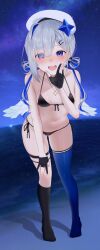 Rule 34 | 1girl, :d, absurdres, adapted costume, amane kanata, amane kanata (work), angel wings, asymmetrical legwear, bare arms, bare shoulders, beret, bikini, black bikini, black gloves, black socks, blue hair, blue thighhighs, blush, breasts, collarbone, commentary request, feathered wings, front-tie bikini top, front-tie top, full body, gloves, grey hair, groin, halterneck, hand on own knee, hand to own mouth, hat, highres, hololive, jewelry, leaning forward, looking at viewer, medium hair, mini wings, mismatched legwear, multicolored hair, navel, necklace, night, no shoes, nose blush, open mouth, outdoors, partially fingerless gloves, pov, purple eyes, side-tie bikini bottom, single hair intake, sky, small breasts, smile, socks, solo, standing, star (symbol), star necklace, stomach, streaked hair, swimsuit, teeth, thigh strap, thighhighs, thighs, tojo aoi, uneven legwear, upper teeth only, virtual youtuber, water, wet, white hat, white wings, wings, ||/