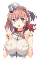 Rule 34 | 10s, 1girl, ahoge, blue eyes, blush, breast pocket, breast press, breasts, brown hair, cleavage, dress, eyebrows, forearms at chest, hair between eyes, hands up, impossible clothes, kantai collection, large breasts, looking at viewer, mutsuno hekisa, neckerchief, open mouth, pocket, ponytail, saratoga (kancolle), short sleeves, side ponytail, simple background, solo, upper body, white background, white dress