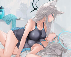 Rule 34 | 2girls, animal ear fluff, animal ears, asymmetrical docking, black one-piece swimsuit, blue archive, blue eyes, blue one-piece swimsuit, blue scarf, blush, breast press, breasts, collarbone, commentary, cross hair ornament, dema hmw, extra ears, girl on top, grey hair, hair ornament, halo, large breasts, long hair, lying, lying on person, medium breasts, multiple girls, official alternate costume, on back, one-piece swimsuit, revision, scarf, unworn scarf, selfcest, shiroko (blue archive), shiroko (swimsuit) (blue archive), shiroko terror (blue archive), swimsuit, two-tone swimsuit, wolf ears, yuri
