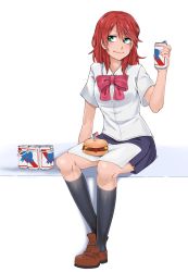 Rule 34 | 1girl, alcohol, american flag, beer, beer can, bow, bowtie, burger, can, drink can, eba rin, food, full body, highres, kimi no iru machi, kneehighs, loafers, mole, mole under eye, pabst blue ribbon, red hair, shirt, shoes, short sleeves, sitting, socks, solo, techsupportdog, white shirt