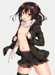 Rule 34 | &gt;:p, 1girl, :p, black thighhighs, blush, breasts, brown eyes, brown hair, cowboy shot, grey background, hair between eyes, hair ornament, highres, hood, hoodie, kantai collection, keita (tundereyuina), looking at viewer, medium hair, navel, no bra, open clothes, open shirt, pleated skirt, scarf, sendai (kancolle), shirt, simple background, single thighhigh, skirt, sleeves past wrists, small breasts, smile, solo, thighhighs, tongue, tongue out, two side up, v-shaped eyebrows, white scarf