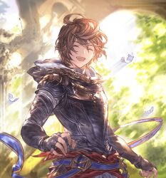 Rule 34 | 1boy, :d, ahoge, arch, armor, belt, bishounen, blue belt, breastplate, brown hair, cape, closed eyes, cowboy shot, falling feathers, feathers, fingerless gloves, game cg, garden, gloves, granblue fantasy, happy, hood, hood down, light, male focus, messy hair, minaba hideo, official art, open mouth, red cape, sandalphon (granblue fantasy), short hair, smile, solo focus, teeth, third-party source, upper teeth only, white feathers
