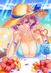 Rule 34 | 1girl, alternate costume, arm cuffs, beach, bikini, blue bikini, blue ribbon, blue sky, breast rest, breasts, breasts on table, cleavage, cloud, cloudy sky, collarbone, commentary, crazy straw, cup, day, drink, drinking straw, flower, food, fruit, hair between eyes, hair ribbon, hat, heart straw, hibiscus, kuwa analog, large breasts, light particles, light rays, looking at viewer, making-of available, marker (medium), ocean, orange (fruit), orange slice, outdoors, parted lips, petals, purple eyes, purple hair, ribbon, saigyouji yuyuko, short hair, sitting, sky, smile, solo, straw hat, sunlight, swimsuit, table, touhou, traditional media, triangular headpiece, upper body