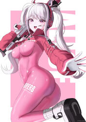 Rule 34 | 1girl, :d, absurdres, alice (nikke), animal ear headphones, animal ears, ass, bodysuit, breasts, character name, clothes writing, covered navel, cropped jacket, fake animal ears, foot out of frame, gloves, goddess of victory: nikke, grey hair, gun, headphones, headset, highres, holding, holding gun, holding weapon, impossible bodysuit, impossible clothes, jacket, latex, latex bodysuit, long hair, looking at viewer, medium breasts, open mouth, pink bodysuit, pink eyes, pink gloves, pink headphones, puffy sleeves, red jacket, s redbutterfly, shoes, sidelocks, skin tight, sleeves past wrists, smile, sneakers, socks, solo, trigger discipline, twintails, two-tone gloves, weapon, white footwear, white gloves, white socks