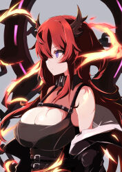 Rule 34 | 1girl, arknights, belt, black dress, black jacket, breasts, cleavage, closed mouth, detached collar, dress, fire, from side, heka=ton, highres, horns, jacket, large breasts, long hair, off shoulder, open clothes, open jacket, profile, purple eyes, red hair, sleeveless, sleeveless dress, solo, surtr (arknights), teeth, upper body, v-shaped eyebrows, very long hair
