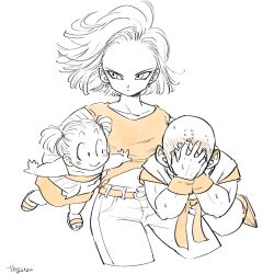 Rule 34 | 10s, 1boy, 2girls, android 18, artist name, bald, belt, blush, boots, carrying, child, couple, cowboy shot, dougi, dragon ball, dragon ball super, dragonball z, dress, earrings, embarrassed, expressionless, eyelashes, family, father and daughter, fingernails, floating hair, frown, full body, hands on own face, hetero, highres, jewelry, kuririn, long sleeves, looking at another, looking away, marron (dragon ball), martial arts belt, monochrome, mother and daughter, multiple girls, navel, orange theme, outstretched arms, pants, sandals, short hair, simple background, smile, sweatdrop, tkgsize, twintails, upper body, white background, white theme, wristband