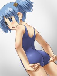 Rule 34 | 1girl, :o, adjusting clothes, adjusting swimsuit, ass, awa, bare arms, bare legs, bare shoulders, blue eyes, blue hair, blush, cameltoe, eyebrows, cube hair ornament, hair ornament, legs, looking back, matching hair/eyes, naganohara mio, nichijou, parted lips, simple background, sleeveless, solo, standing, swimsuit, thighs, twintails