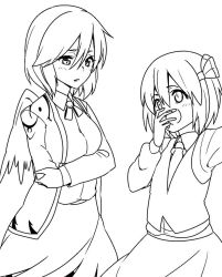 Rule 34 | 2girls, bow, bowtie, crossed arms, greyscale, hair ribbon, hand to own mouth, height difference, jeno, kishin sagume, monochrome, multiple girls, necktie, ribbon, rumia, single wing, touhou, wings
