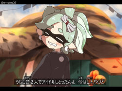 Rule 34 | 1girl, aqua bow, blush, bow, closed eyes, commentary request, day, earrings, eromame, eyebrows, from behind, grey hair, hair bow, hair ornament, head tilt, inkling, jewelry, letterboxed, looking back, marie (splatoon), mole, mole under eye, multicolored hair, nintendo, outdoors, pointy ears, short hair, smile, solo, splatoon (series), splatoon 2, tentacle hair, translation request, twitter username, two-tone hair, upper body