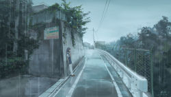 Rule 34 | 1girl, against wall, black hair, blue skirt, building, chain-link fence, clannad, commentary request, dated, fence, fujibayashi kyou, grey sky, hand on own chest, highres, long hair, making-of available, outdoors, plant, power lines, rain, road, sailor collar, scenery, school uniform, serafuku, short sleeves, skirt, sky, solo, street, suspender skirt, suspenders, thighhighs, utility pole, very long hair, vines, wet, wet clothes, white thighhighs, wide shot, xiaobanbei milk, zettai ryouiki