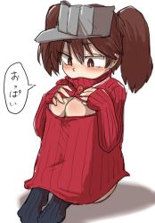 Rule 34 | 1girl, black socks, blush, breast conscious, breast press, brown hair, cleavage cutout, clothing cutout, flat chest, hugging own legs, kantai collection, meme attire, onee-chan no te wo totte, open-chest sweater, parody, red eyes, ribbed sweater, ryuujou (kancolle), sitting, socks, solo, suzurino, sweater, turtleneck, twintails, visor cap