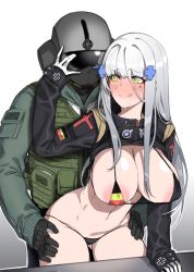 Rule 34 | 1boy, 1girl, :q, areola slip, bikini, black gloves, blush, breasts, bulletproof vest, chinese commentary, commentary request, covered erect nipples, cross, flag print, german flag, german flag bikini, girls&#039; frontline, gloves, gluteal fold, grabbing, grabbing from behind, green eyes, grey hair, hair ornament, hand on another&#039;s head, hands on another&#039;s hips, helmet, highres, hk416 (girls&#039; frontline), iron cross, jaeger (rainbow six siege), large areolae, large breasts, long hair, long sleeves, mask, micro bikini, mouth mask, nose blush, rainbow six siege, saliva, soldier, swimsuit, tongue, tongue out, white gloves, xiangzi box