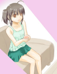 Rule 34 | 00s, 1girl, ahoge, brown eyes, brown hair, camisole, couch, cup, dune (artist), flat chest, holding, open mouth, short hair, short twintails, sitting, skirt, solo, thigh gap, thighs, to heart (series), to heart 2, twintails, yuzuhara konomi