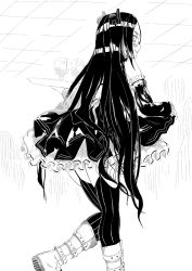 Rule 34 | 1girl, bad id, bad pixiv id, black dress, black hair, boots, dreamer (girls&#039; frontline), dress, girls&#039; frontline, greyscale, hair ornament, highres, korean commentary, long hair, maid, maid cafe, monochrome, open mouth, pantyhose, people, sangvis ferri, thighhighs, torriet, white background