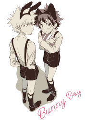 Rule 34 | 2boys, absurdres, animal ears, bakugou katsuki, blush, boku no hero academia, crossed arms, english text, fake animal ears, freckles, hands in pockets, highres, holding, holding tray, looking at viewer, looking back, male focus, monochrome, multiple boys, rabbit ears, rabbit tail, rapiko, shirt, shorts, simple background, spiked hair, spot color, suspenders, tail, tearing up, tray, white background