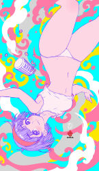 Rule 34 | 1girl, abstract background, alcohol, aqua background, arms at sides, bare arms, bare legs, beer, beer can, blunt bangs, blunt ends, blush, breasts, bulma, can, closed mouth, cloud background, collarbone, crop top, dragon ball, dragonball z, drink, drink can, earrings, eyelashes, feet out of frame, floating hair, grey background, groin, hairband, highres, jewelry, kanchiyo, knee blush, legs apart, liquid, looking up, medium breasts, multicolored background, narrow waist, navel, panties, pink background, polka dot, polka dot background, purple eyes, red hairband, short hair, sideboob, sideways glance, smile, solo, stomach, straight hair, stud earrings, tareme, thick thighs, thighs, underwear, upside-down, white background, white panties, yellow background