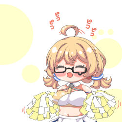 Rule 34 | 1girl, :d, ^ ^, ahoge, ahoge wag, bare shoulders, black-framed eyewear, blonde hair, blue archive, blush stickers, braid, breasts, closed eyes, cosplay, expressive hair, glasses, holding, kotori (blue archive), kotori (cheer squad) (blue archive), kurukurumagical, large breasts, long hair, low twintails, millennium cheerleader outfit (blue archive), motion lines, navel, open mouth, pleated skirt, pom pom (cheerleading), semi-rimless eyewear, skirt, smile, solo, speed lines, twintails, under-rim eyewear, v-shaped eyebrows, white skirt