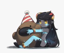 Rule 34 | 1girl, :t, anklet, artist name, black hair, black skin, borrowed character, bracelet, cheek press, colored skin, dated, efa (tunberuku), female focus, hat, highres, hug, jewelry, looking at viewer, navel, hugging object, original, party hat, pointy ears, porforever, simple background, solo, stuffed toy, white background, yellow eyes