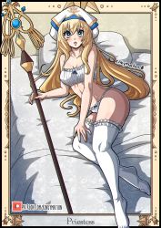 Rule 34 | 1girl, artist name, bare arms, bare shoulders, blonde hair, blue eyes, blush, bra, breasts, character name, cleavage, collarbone, commentary, english commentary, frills, goblin slayer!, hair between eyes, hand on own thigh, hat, heart, heart-shaped pupils, highres, kinkymation, long hair, looking at viewer, lying, medium breasts, no shoes, on bed, on side, open mouth, outside border, panties, patreon logo, pillow, priestess, priestess (goblin slayer!), solo, staff, symbol-shaped pupils, thighhighs, thighs, underwear, underwear only, watermark, web address, white bra, white panties, white thighhighs
