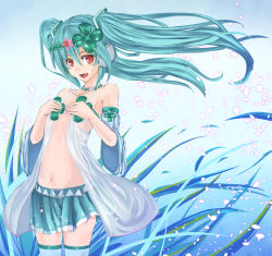Rule 34 | 1girl, aqua hair, belt, clover, clover hair ornament, detached sleeves, floating hair, four-leaf clover, hair ornament, hatsune miku, headphones, highres, jewelry, long hair, looking at viewer, navel, necklace, open mouth, project diva, project diva (series), project diva 2nd, red eyes, skirt, solo, t shatsu, thighhighs, twintails, vocaloid