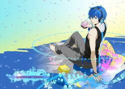 Rule 34 | 1boy, ak (cosmio), blue eyes, blue hair, clothes, food, from behind, full body, headphones, ice cream, kaito (vocaloid), looking back, male focus, matching hair/eyes, md5 mismatch, nail polish, resolution mismatch, short hair, sitting, solo, source larger, tattoo, vocaloid