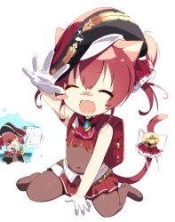 Rule 34 | 1girl, aged down, animal ears, backpack, bag, bandaid, bandaid on face, bandaid on nose, bell, blush, bodysuit, cat ears, cat girl, cat tail, closed eyes, eyepatch, fang, gloves, hair between eyes, hair ribbon, hat, highres, hololive, houshou marine, lisa (faeuna), multiple views, open mouth, randoseru, red hair, red ribbon, red skirt, ribbon, simple background, sitting, skin fang, skirt, tail, tail bell, tail ornament, translation request, virtual youtuber, white background, white gloves