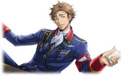Rule 34 | 1boy, armband, artist request, beard stubble, belt, blue eyes, blue jacket, blue pants, bottle, breast pocket, brown hair, buttons, claus warwick, code geass, code geass: boukoku no akito, code geass: lost stories, facial hair, game cg, half-closed eyes, hands up, happy, head tilt, hip flask, holding, holding bottle, jacket, leaning back, long sleeves, looking at viewer, male focus, medal, military uniform, non-web source, official art, open mouth, pants, pen, pocket, short hair, simple background, sitting, smile, solo, stubble, table, teeth, transparent background, uniform
