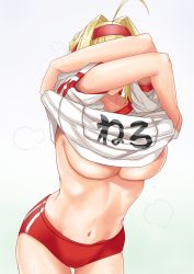 Rule 34 | 1girl, ahoge, arms up, blonde hair, breasts, buruma, character name, clothes lift, clothes pull, cowboy shot, facing viewer, fate/extra, fate (series), gachou, gradient background, gym uniform, hair intakes, hair ribbon, hairband, highres, large breasts, navel, nero claudius (fate), nero claudius (fate) (all), nero claudius (fate/extra), official alternate costume, red buruma, red hairband, ribbon, shirt lift, shirt pull, solo, stomach, sweat, undressing