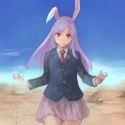 Rule 34 | 1girl, :q, animal ears, blue sky, closed mouth, collared shirt, commentary request, cookie (touhou), cowboy shot, day, desert, hisui (cookie), long hair, long sleeves, looking at viewer, necktie, nuppehofu (nibuta), outdoors, pleated skirt, purple hair, purple skirt, rabbit ears, red eyes, red necktie, reisen udongein inaba, shirt, skirt, sky, solo, standing, tongue, tongue out, touhou, walking, white shirt