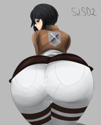 Rule 34 | 1girl, absurdres, artist name, ass, ass focus, bent over, black eyes, black hair, blush, cameltoe, from behind, grey background, hammerofsolace, highres, huge ass, jacket, looking at viewer, looking back, mikasa ackerman, military, military uniform, pants, parted lips, shingeki no kyojin, short hair, solo, thigh gap, thigh strap, tight clothes, tight pants, uniform