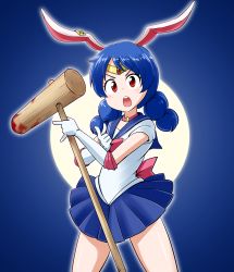 Rule 34 | &gt;:o, 1girl, :o, animal ears, bishoujo senshi sailor moon, blood, bloody weapon, blue hair, blush, buck teeth, cosplay, earrings, elbow gloves, gloves, jewelry, kine, kousei (public planet), looking at viewer, mallet, multi-tied hair, pointing, pointing at viewer, rabbit ears, red eyes, sailor moon, sailor moon (cosplay), school uniform, seiran (touhou), serafuku, simple background, single earring, solo, teeth, tiara, touhou, v-shaped eyebrows, weapon