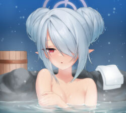Rule 34 | 1girl, absurdres, blue archive, blush, bokuhakiyoshi, breasts, collarbone, completely nude, dark-skinned female, dark skin, double bun, grey hair, hair bun, hair over one eye, highres, iori (blue archive), medium breasts, nude, onsen, parted lips, partially submerged, pointy ears, portrait, red eyes, revision, short hair, solo, towel, water, wet, white towel