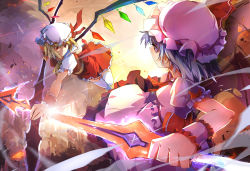 Rule 34 | 2girls, bat wings, battle, blonde hair, building, duel, flandre scarlet, hat, highres, holding, holding weapon, laevatein, light purple hair, looking at another, mob cap, multiple girls, outdoors, pink hat, puffy short sleeves, puffy sleeves, red eyes, remilia scarlet, serious, short hair, short sleeves, siblings, sisters, skirt, smoke, spear the gungnir, thighhighs, touhou, weapon, white hat, white legwear, wings, wrist cuffs, zettai ryouiki, zhuxiao517