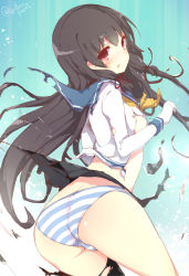 Rule 34 | 10s, 1girl, ass, black hair, blush, gloves, hime cut, isokaze (kancolle), kantai collection, long hair, long sleeves, looking at viewer, looking back, neckerchief, panties, pleated skirt, red eyes, sailor collar, shirt, skirt, solo, striped clothes, striped panties, torn clothes, torn shirt, torn skirt, underwear, watanon (gakushokutei), white gloves, yellow neckerchief