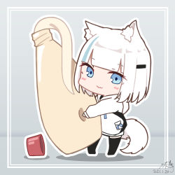 Rule 34 | 1girl, :3, absurdres, animal ear fluff, animal ears, black thighhighs, blue eyes, blue hair, blush, bottle, chibi, closed mouth, commentary request, dated, grey background, hair ornament, hairclip, highres, holding, holding bottle, hood, hood down, hoodie, long sleeves, looking at viewer, mayogii, mayonnaise, mayonnaise bottle, multicolored hair, no shoes, original, outline, puffy long sleeves, puffy sleeves, signature, solo, standing, streaked hair, tail, thighhighs, white hair, white hoodie, white outline