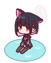 Rule 34 | 1girl, animal ears, black hair, black jacket, blue archive, blunt bangs, blush, cat ears, chibi, colored inner hair, extra ears, hair ornament, hairclip, halo, jacket, kazusa (blue archive), long sleeves, multicolored hair, neckerchief, pink eyes, pink hair, red neckerchief, short hair, simple background, sitting, solo, white background, yoru nai