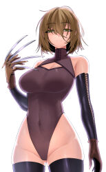 Rule 34 | 1girl, 7a (se7ena), bare shoulders, black thighhighs, breasts, brown gloves, claws, cleavage, cleavage cutout, closed mouth, clothing cutout, covered navel, detached sleeves, gloves, gluteal fold, green eyes, hair between eyes, highleg, highleg leotard, highres, large breasts, latex, leotard, looking at viewer, messy hair, original, short hair, simple background, solo, thighhighs, white background