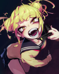 Rule 34 | 1girl, absurdres, bags under eyes, blonde hair, blue sailor collar, boku no hero academia, cardigan, double bun, fangs, hair bun, highres, holding, holding knife, knife, long sleeves, looking at viewer, messy hair, neckerchief, open mouth, qu uo, red neckerchief, sailor collar, school uniform, short hair, simple background, skirt, solo, teeth, toga himiko, yellow cardigan, yellow eyes