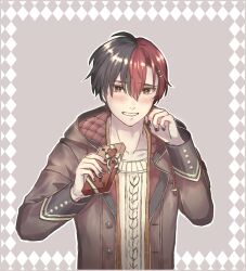 Rule 34 | 1boy, black hair, blush, border, hearts (yume-100), highres, jacket, long sleeves, looking at viewer, male focus, multicolored background, multicolored hair, purple background, purple border, red eyes, red hair, roccachen, short hair, smile, solo, split-color hair, sweater, white background, yume oukoku to nemureru 100-nin no ouji-sama