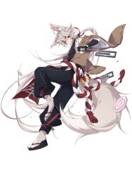Rule 34 | 1boy, animal ear fluff, animal ears, fingernails, food fantasy, fox boy, fox ears, fox tail, full body, highres, kitsune udon (food fantasy), long hair, looking at viewer, marking on cheek, official art, okobo, pale skin, red eyes, sandals, second-party source, sharp fingernails, silver hair, tail, transparent background, very long hair