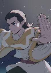 Rule 34 | 1boy, black eyes, black hair, gradient background, grey background, guan xuan (the legend of luoxiaohei), hair pulled back, long hair, long sleeves, outstretched arms, pointy ears, rkp, signature, solo, luo xiaohei zhanji, upper body, wide sleeves