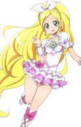 Rule 34 | 10s, 1girl, boots, brooch, choker, cure rhythm, earrings, frilled skirt, frills, green eyes, heart, heart earrings, jewelry, legs, long hair, looking at viewer, magical girl, minamino kanade, oimanji, ponytail, precure, simple background, skirt, solo, suite precure, thigh gap, thighs, very long hair, white background, white choker