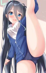 Rule 34 | 1girl, absurdres, aris (blue archive), bare legs, black buruma, black hair, blue archive, blue eyes, blue jacket, blush, breasts, buruma, commentary, crotch, english commentary, gym uniform, halo, hayana neru, highres, jacket, long hair, looking at viewer, open mouth, shirt, simple background, small breasts, smile, solo, split, standing, standing on one leg, standing split, sweat, teeth, thighs, upper teeth only, very long hair, white shirt