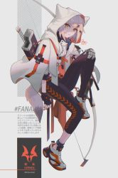 Rule 34 | 1girl, animal ears, animal hood, ankleband, arknights, arrow (projectile), black pants, blonde hair, bow (weapon), character name, choki, coat, dated, expressionless, fingerless gloves, fox ears, fox girl, fox tail, full body, gloves, grey background, hair ornament, hairclip, hood, hood up, infection monitor (arknights), invisible chair, looking at viewer, material growth, nail polish, orange eyes, oripathy lesion (arknights), pants, prosthesis, prosthetic arm, quiver, red nails, shadow, shoes, short hair, sitting, solo, tail, vermeil (arknights), weapon, white coat