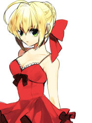 Rule 34 | 10s, 1girl, ahoge, blonde hair, breasts, cleavage, dress, fate/extra, fate/extra ccc, fate (series), green eyes, mogupen, nero claudius (fate), nero claudius (fate) (all), nero claudius (fate/extra), official alternate costume, solo, sundress